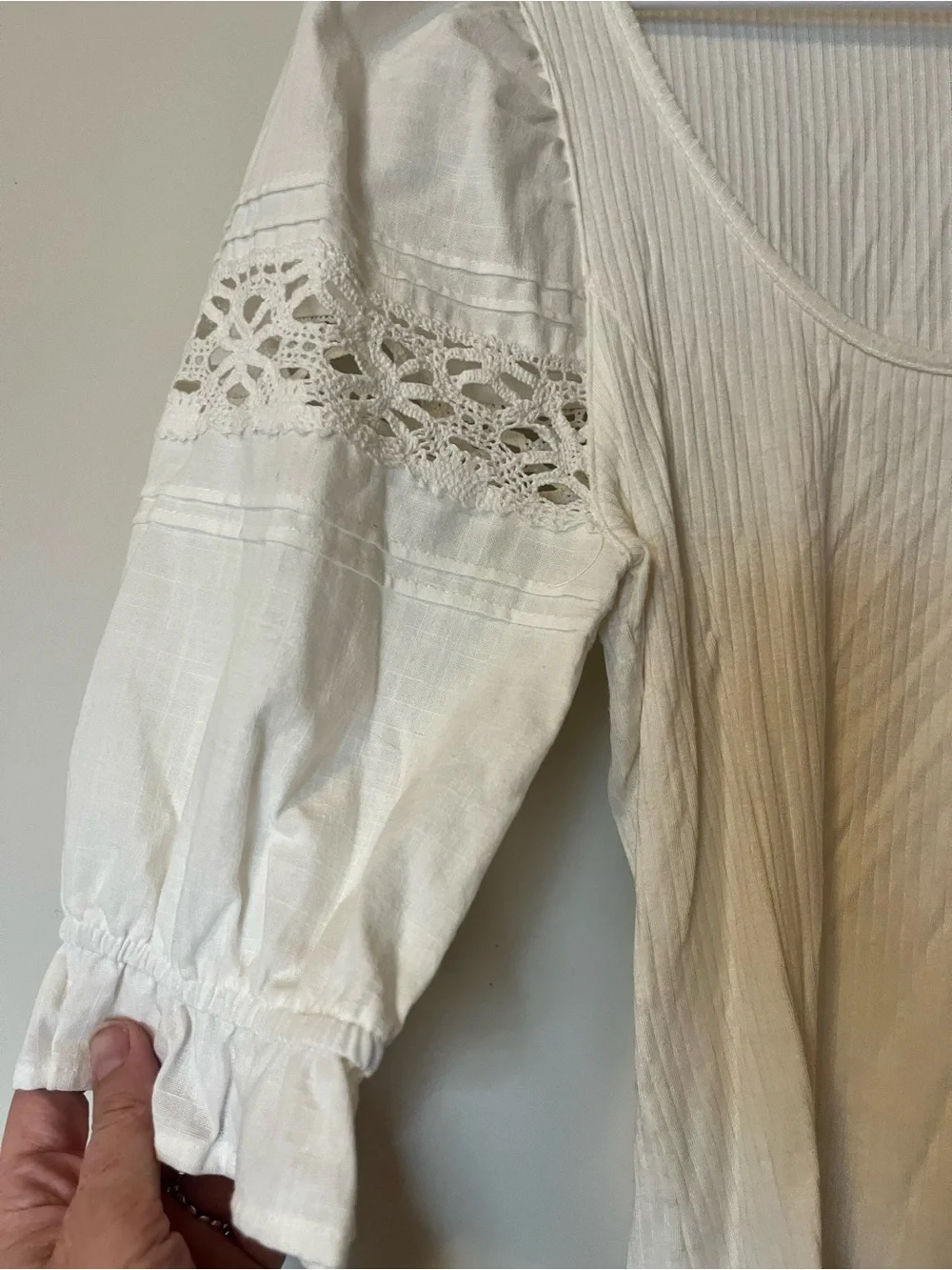 Free People Soft White Lace-Trim Detaik Puff Sleeve Top